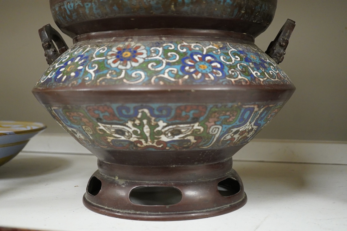A large Japanese archaistic bronze and champlevé enamel jardiniere, 25.5cm high